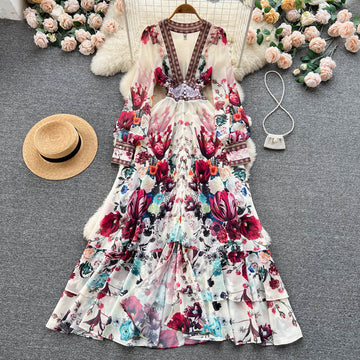 A line Long Sleeves Pink Floral Holiday Dresses Women's Dress SD1282